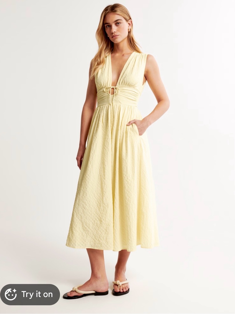 Abercrombie & Fitch Seersucker Midi Dress Yellow with Front Ring Detail